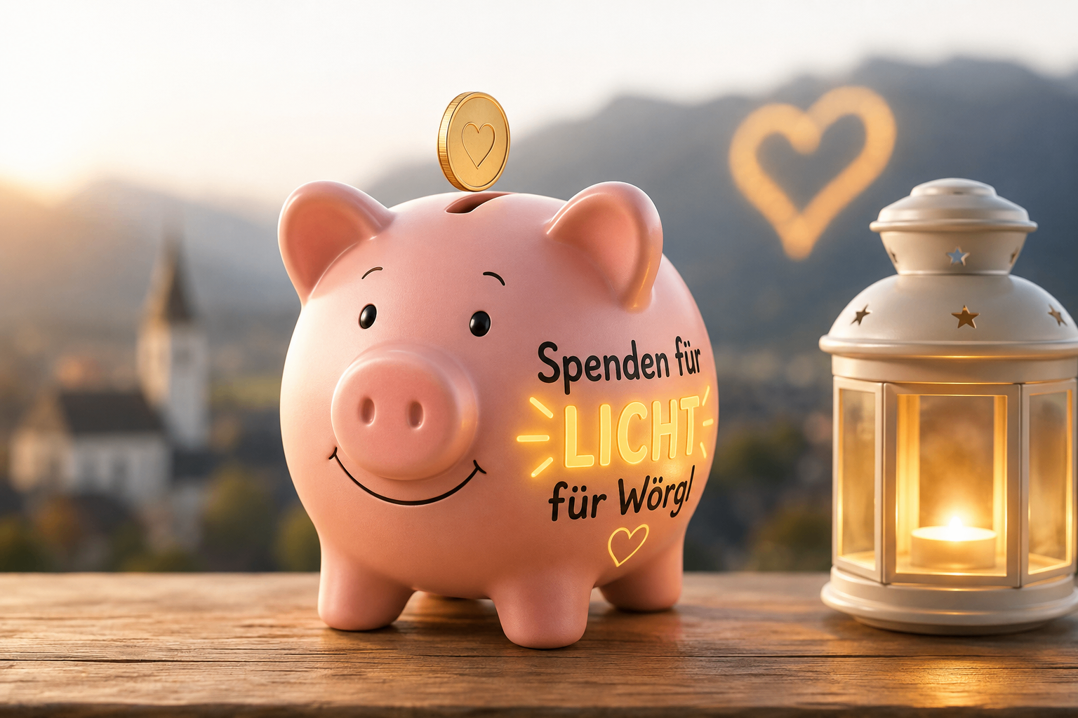 Sparschwein mit Aufschrift Spenden für Licht für Wörgl vor Wörgler Bergpanorama